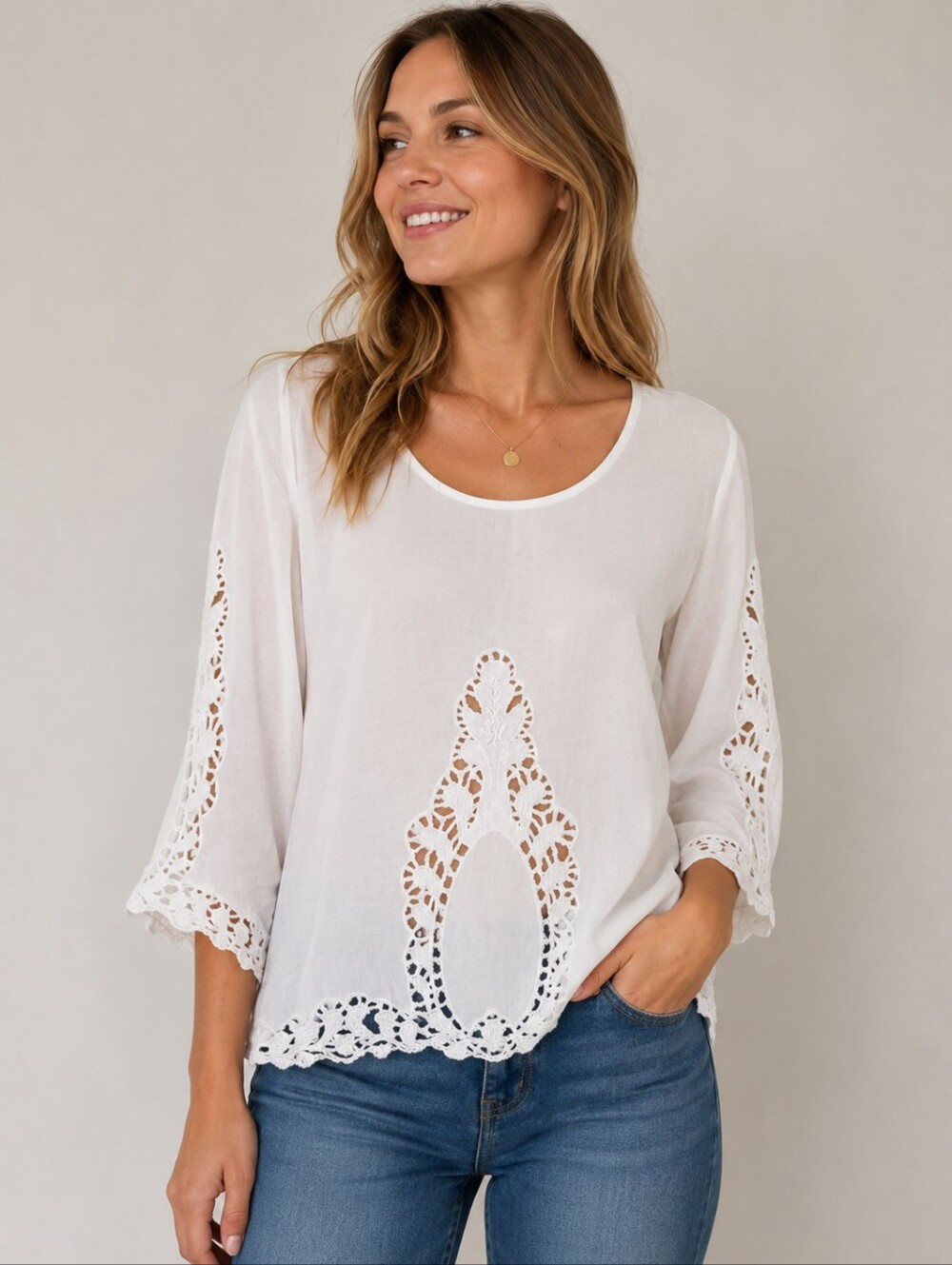 White Boho Style  Blouse With Intricate Lace Trim